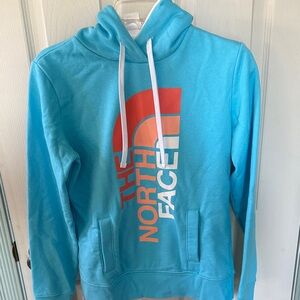 The North Face Turquoise Pullover Hoodie with Coral and White Logo